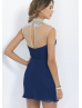 Navy Blue Beaded High Neck Slit Back Knee Length Prom Dress 